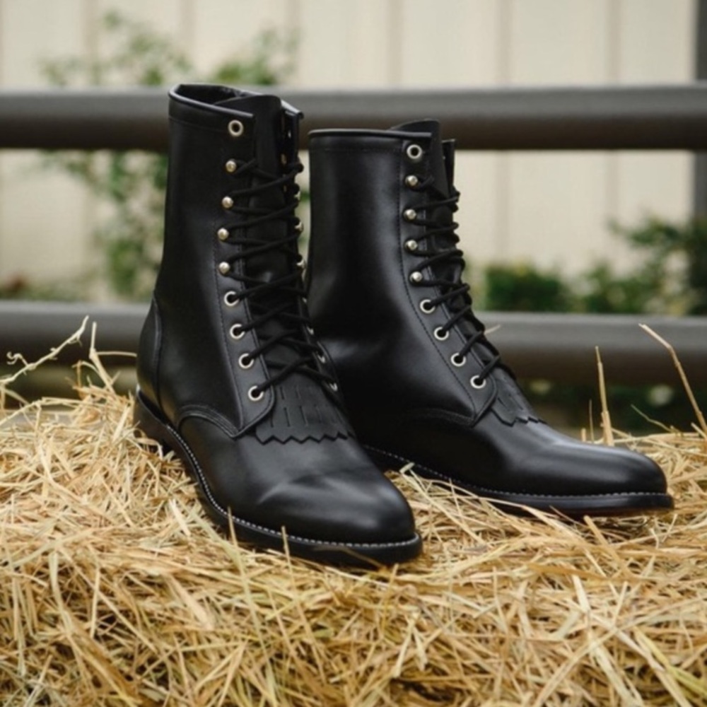 Justin Hiram Black Leather Roper Combat Lace Boots